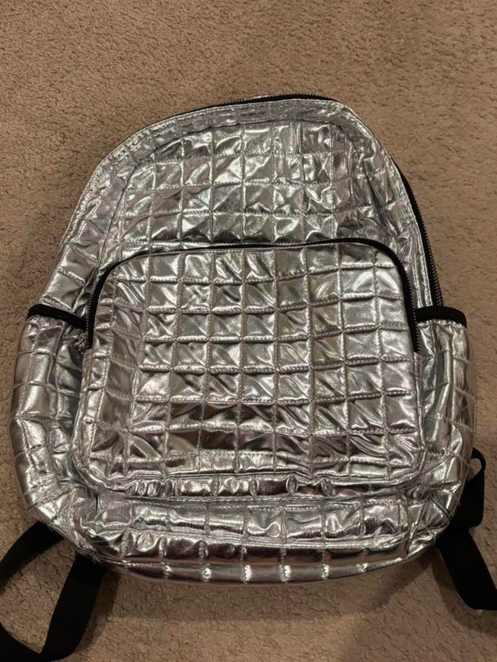 MOLO Metallic Silver Quilted Backpack - Stylish Women’s or Girl’s Daypack